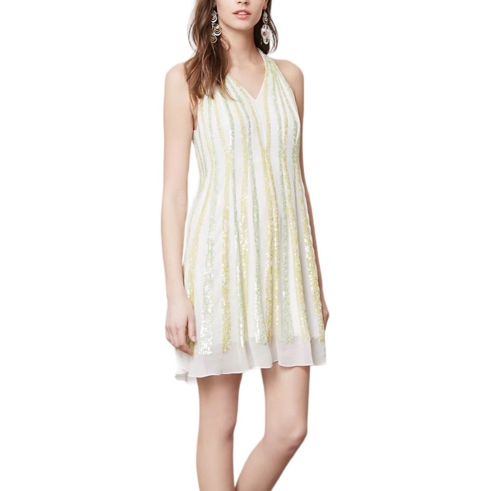 Ranna Gill Anthropologie Sequin Striped Mini Dress White Lime Green SP Small P